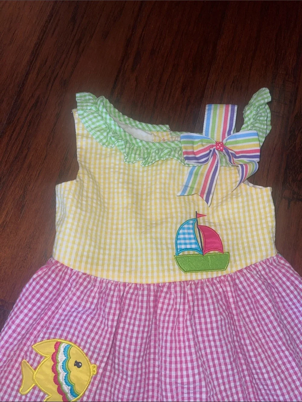 SEERSUCKER Rare Editions Yellow Pink Blue Gingham Appliqué Sundress
